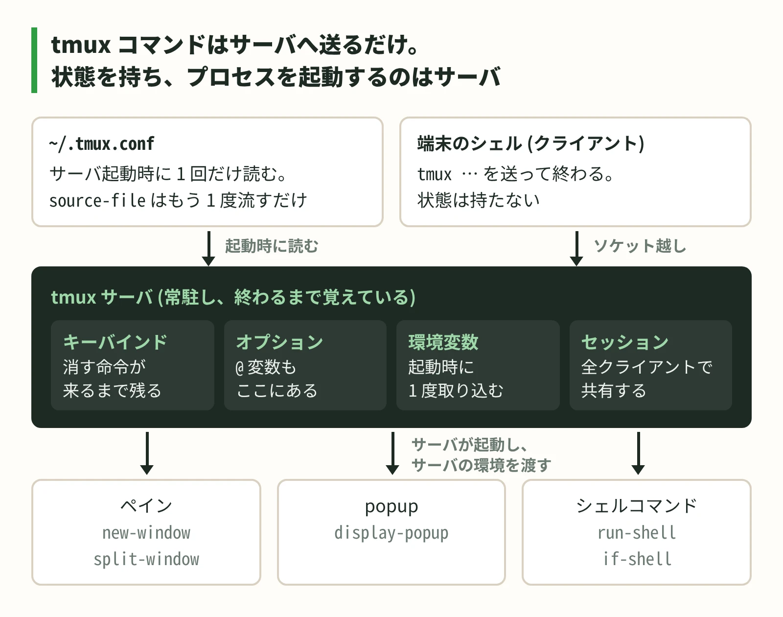 tmux コマンドはサーバへコマンドを送るだけで、設定はサーバ起動時に 1 回読まれ、ペインや popup はサーバが起動する