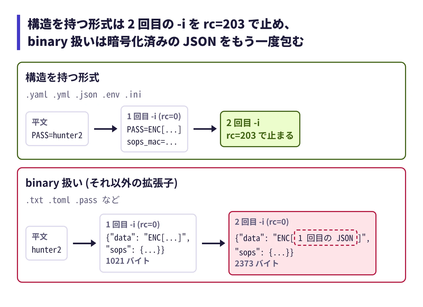 構造を持つ 5 形式は 2 回目の -i を rc=203 で止め、binary 扱いは二重に包む