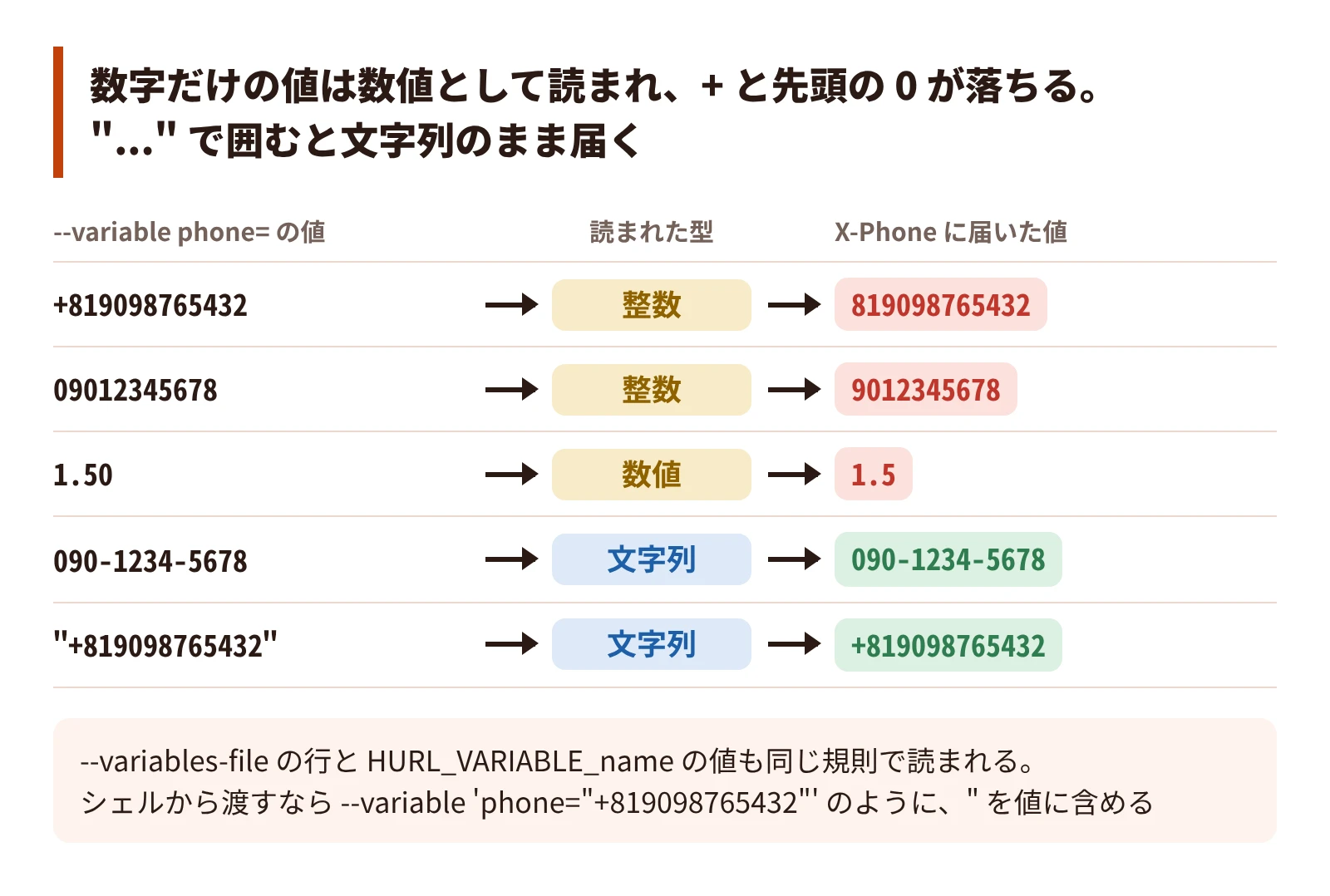 数字だけの値は数値として読まれ、+ と先頭の 0 が落ちる。”…" で囲むと文字列のまま届く